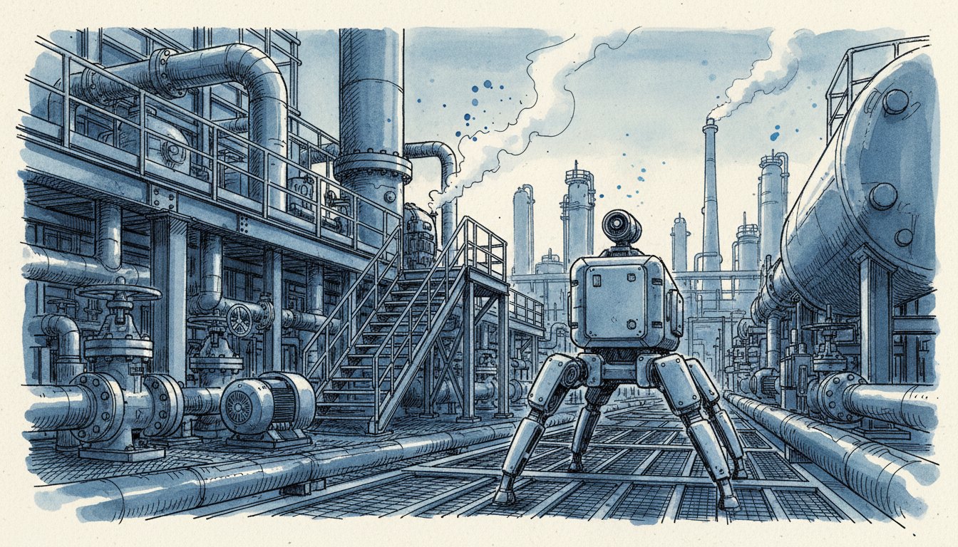 Editorial ink and indigo watercolor illustration of a boxy four-legged inspection robot walking along a steel grating walkway between pipes, valves and pumps in a refinery, with metal stairs, distillation columns and smoking stacks behind it, no people, text or logos