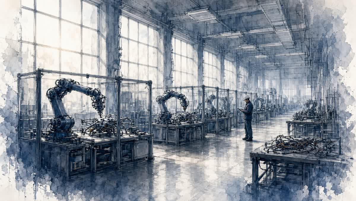 Editorial ink and indigo watercolor illustration of a wide autonomous manufacturing floor with modular robotic assembly cells, robot arms working on drone frames and wire harnesses, a worker in a hard hat reviewing a tablet, tall factory windows on one side, no text or logos
