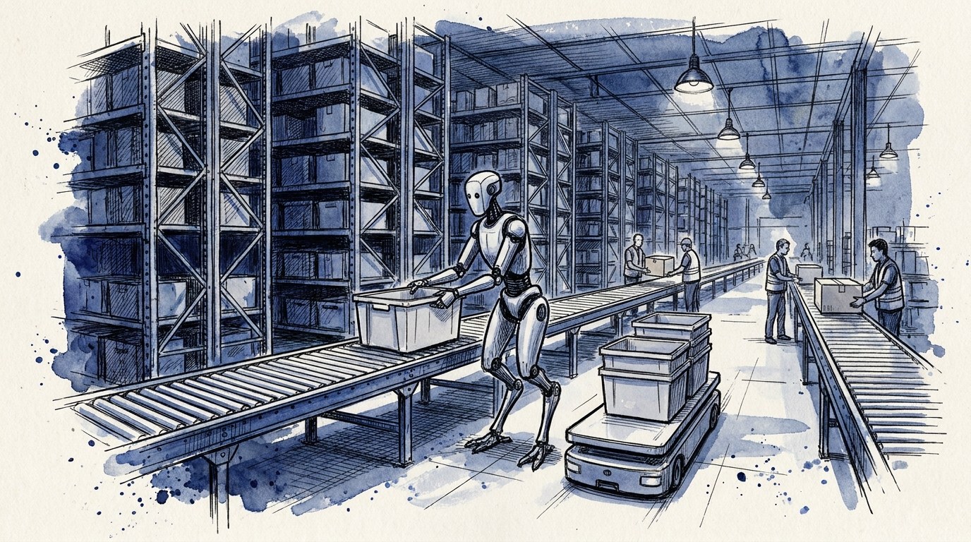 Editorial ink and indigo watercolor illustration of a bipedal humanoid robot with backward-bending legs placing a plastic tote onto a roller conveyor in a large fulfillment warehouse, beside a low mobile cart stacked with totes, with tall racking and a few workers in safety vests in the distance, no text or logos