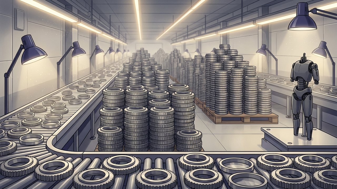 Illustration of a bright gear factory where conveyor belts and pallets hold towering stacks of identical steel ring gears stretching into the distance, while a single unfinished grey humanoid robot frame stands alone on an assembly stand at the end of the line