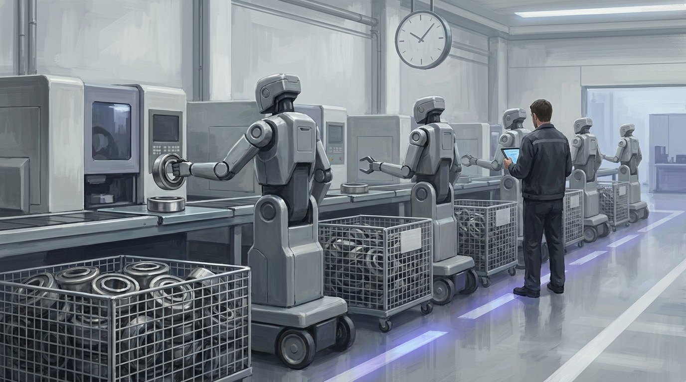Editorial illustration of a row of grey service robots on wheeled bases at consecutive loading stations in an auto-parts plant, each beside a wire-mesh bin of steel wheel-hub bearings, with one engineer holding a tablet watching several robots and a plain wall clock above the line