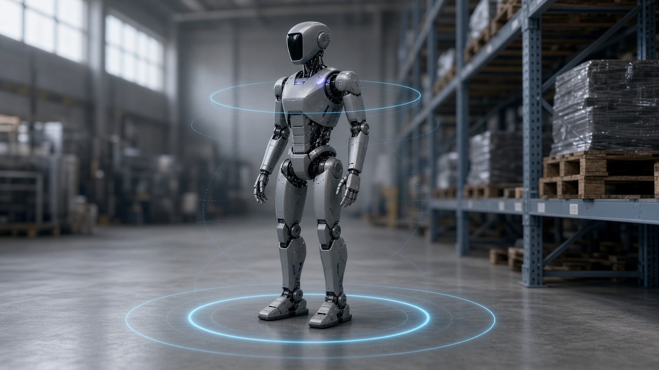 A humanoid standing on a warehouse floor inside soft cyan safety rings.