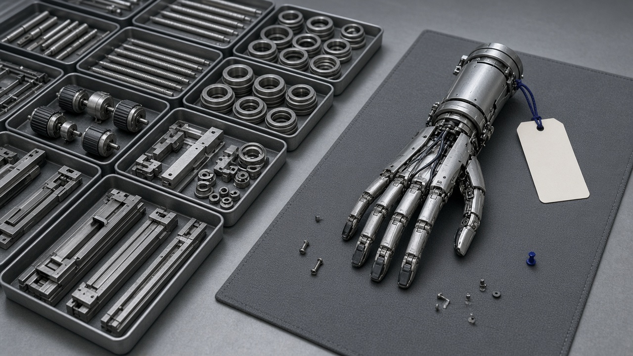 Trays of robot actuator parts beside a single unfinished robot hand with a blank rework tag