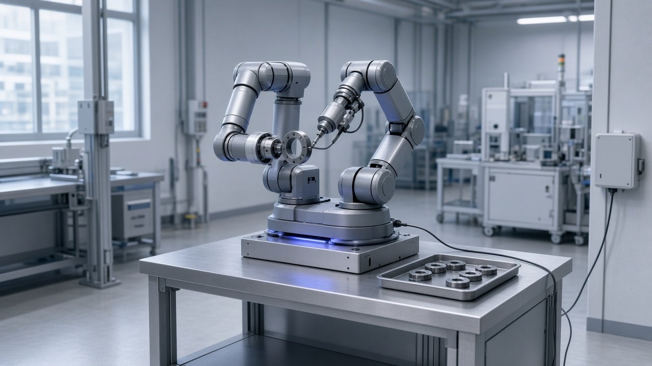 A dual-arm industrial robot cell on a clean workbench, one arm holding a small metal spacer while the other holds a finishing tool, no text and no logos