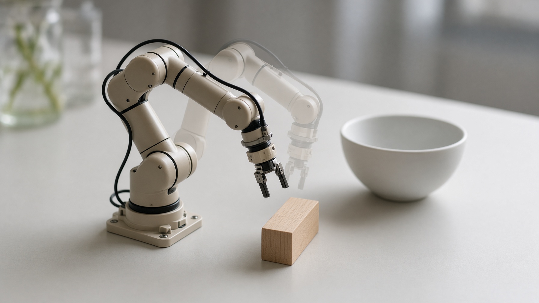 A tabletop arm and a ghost of a second path, a block, and a bowl