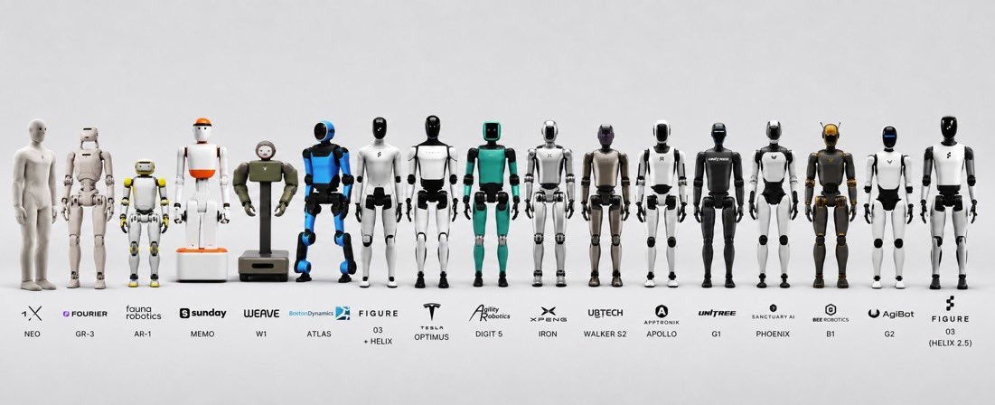 Lineup of seventeen humanoid platforms, from 1X NEO to Figure 03, with company and model labels